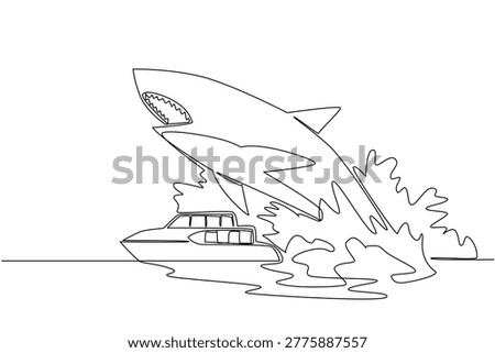 Single line drawing shows a giant megalodon shark jumping over a ferry boat to depict an awesome nature concept. Such breathtaking artwork beautifully suits a National Megalodon Day postcard.