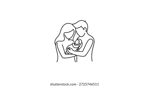 Single line drawing shows a loving family unit with a father and mother cradling their newborn baby, symbolizing parental care and affection.