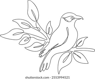 Single line drawing of shrike bird sit at lush tree branch. Abstract bird line art in modern style.