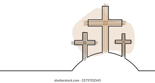 A single line drawing of a silhouette of Calvary . Continuous line cross icon. Crucifixion one line. Crosses of Golgotha. Resurrection. Vector illustration