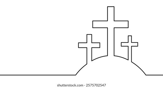 A single line drawing of a silhouette of Calvary . Continuous line cross icon. Crucifixion one line. Crosses of Golgotha. Resurrection. Vector illustration