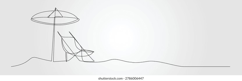 Single line drawing simple beach umbrella lounge deck chair wavy horizon sand relaxation