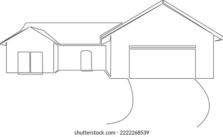 single line drawing of single-familiy home with garage, line art vector illustration