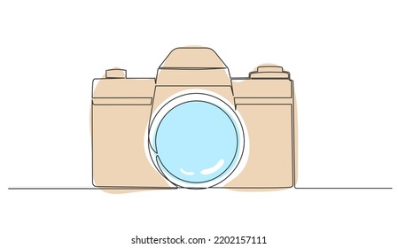 single line drawing of single-lens reflex camera isolated on white background, line art vector illustration