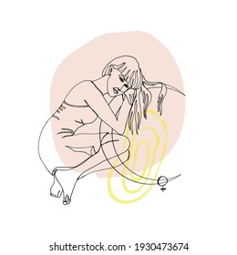 Single line drawing of sitting beautiful woman with moon and venus sign on abstract geometric neutral background. Isolated on white. Stock vector illustration.