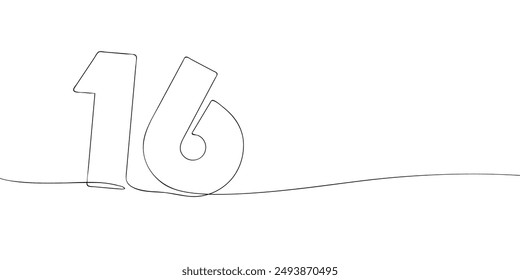 A single line drawing of a sixteen symbol. Continuous line sixteenth number icon. One line icon. Vector illustration.