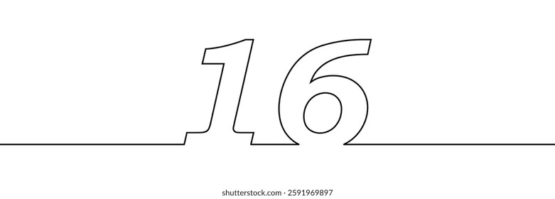 A single line drawing of a sixteen symbol. One line icon. Continuous line sixteenth number icon. Vector illustration.