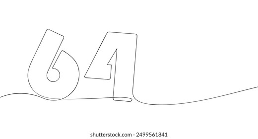 A single line drawing of a sixty four symbol. Continuous line sixty fourth number icon. One line icon. Vector illustration.