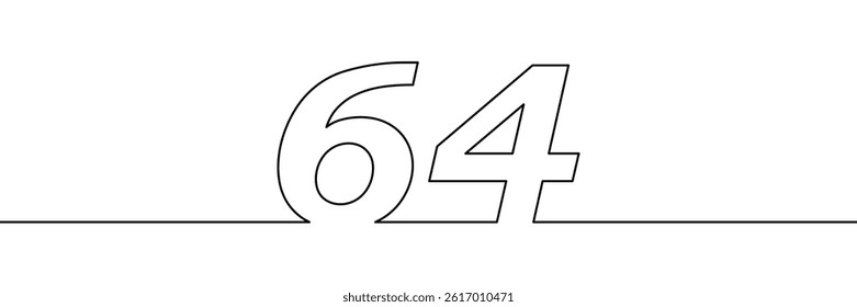 A single line drawing of a sixty four symbol. One line icon. Continuous line sixty fourth number icon. Simple black outline of the number 64. Vector illustration