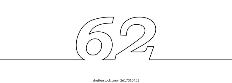 A single line drawing of a sixty two symbol. One line icon. Continuous line sixty second number icon. Simple black outline of the number 62. Vector illustration