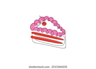 Single line drawing of sliced cake with cherry. Simple dessert, piece of birthday cake illustration. Pastries with berries and cream vector concept.