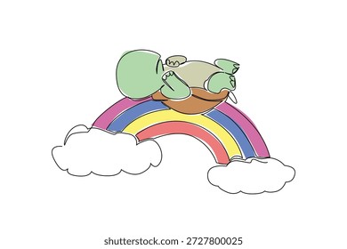 Desenho de linha única de tartaruga verde encantador lento em postura supina, lado da concha para baixo, cochilando alegremente em arco-íris vívido com duas nuvens macias. Tema de répteis do conceito da natureza para o Dia Mundial da Tartaruga