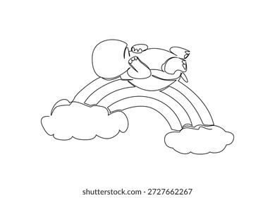 Desenho de linha única de tartaruga lenta e constante cochilando supine em suas costas em um arco-íris com nuvens macias macias. O tema do réptil do conceito da natureza para o Dia Mundial da Tartaruga e o design do adesivo das crianças