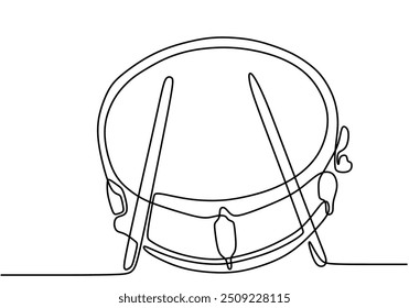 Desenho de linha única de um instrumento de música de tambor snare. Ilustração de vetor desenhada à mão minimalista mostrando o tambor.