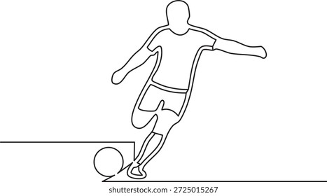 Dibujo de una sola línea de un jugador de fútbol pateando la pelota durante un partido