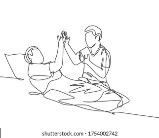 Single line drawing of son take care of his sick father at hospital and should be take a bed rest and give high five gesture. Medical healthcare concept continuous line draw design vector illustration