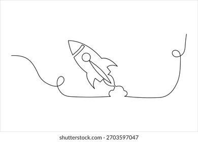 Desenho de linha única de uma nave espacial ascendente com loops