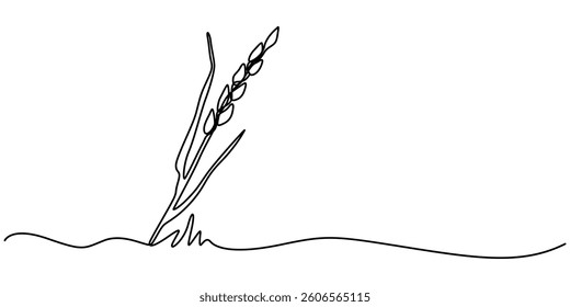 A single line drawing of a spikelet. Continuous line thanksgiving ear icon. One line icon. Vector illustration, Ears of wheat one continuous line drawing .Fall harvest style. pro vector minimalist.