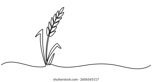 A single line drawing of a spikelet. Continuous line thanksgiving ear icon. One line icon. Vector illustration, Ears of wheat one continuous line drawing .Fall harvest style. pro vector minimalist.