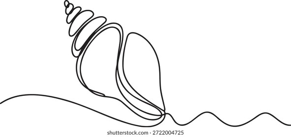 Desenho de linha única de uma concha espiral que repousa sobre areia ondulada ou superfície de água. Arte de linha contínua minimalista de uma concha para temas costeiros e marinhos.