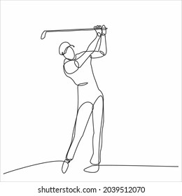 A single line drawing of a sporty young golfer hitting the ball using a golf club vector graphic illustration. Healthy exercise concept. Modern continuous line drawing design for golf tournament poste