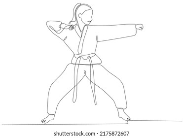 
Single line drawing sporty young karateka woman in fighting uniform and belt exercising martial arts in gym vector illustration  Healthy sports lifestyle concept  Modern continuous line drawing 