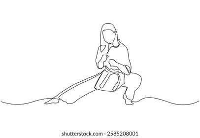 Single line drawing of sporty young karateka woman in fighting uniform with belt exercising martial arts in gym, Female karateka showing kicking technique. continuous one line drawing style.