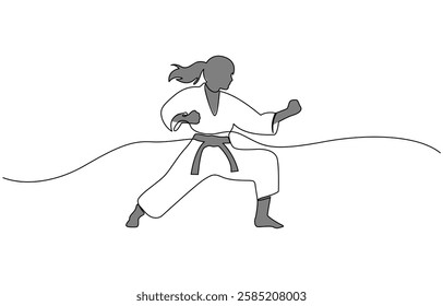 Single line drawing of sporty young karateka woman in fighting uniform with belt exercising martial arts in gym, Female karateka showing kicking technique. continuous one line drawing style.