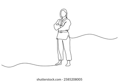 Single line drawing of sporty young karateka woman in fighting uniform with belt exercising martial arts in gym, Female karateka showing kicking technique. continuous one line drawing style.