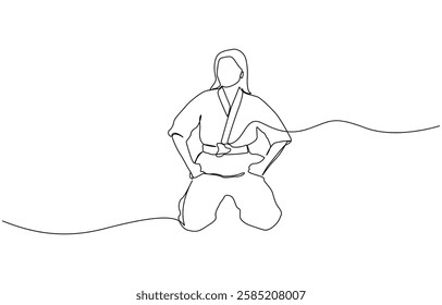 Single line drawing of sporty young karateka woman in fighting uniform with belt exercising martial arts in gym, Female karateka showing kicking technique. continuous one line drawing style.