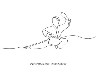 Single line drawing of sporty young karateka woman in fighting uniform with belt exercising martial arts in gym, Female karateka showing kicking technique. continuous one line drawing style.