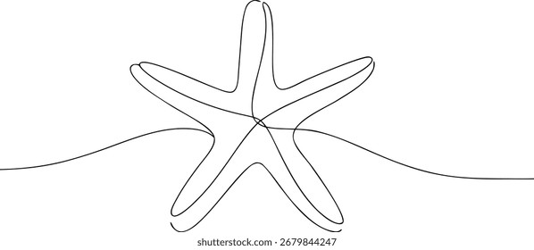 Linha única desenhando uma estrela-do-mar com linhas onduladas abaixo da linha contínua arte oceano
