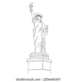 single line drawing of statue of liberty isolated on white background, lady liberty line art vector illustration