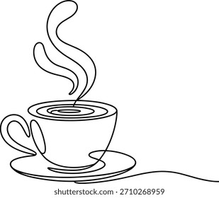 Desenho de linha única de uma xícara de café a vapor e pires