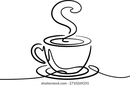 Dibujo de una sola línea de una taza de café humeante y platillo 1
