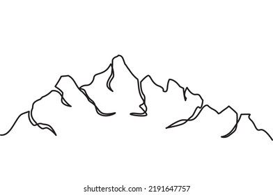 Single Line Drawing Of Steep Rocky Mountain Peak. Vector Illustration Of Rugged Rocky Mountain Hard To Reach For Icon, Symbol, Logo, Emblem. Simple Line Linear Vector For Adventure And Camping. Eps 10