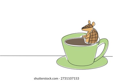 Dibujo de una sola línea de armadillo blindado fuerte para el concepto de naturaleza presenta animales lindos del bosque empapados en taza de café caliente. El arte colorido representa el tema del día internacional del café con un mamífero juguetón