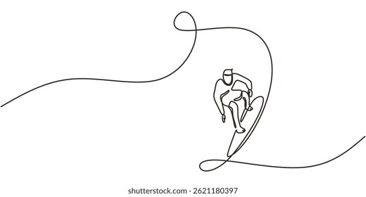 Estilo de dibujo de una sola línea Surfer Riding Waves. Actividad deportiva oceánica Arte vectorial minimalista.