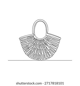 Um desenho de linha única de uma bolsa de mão tecida elegante em uma superfície plana