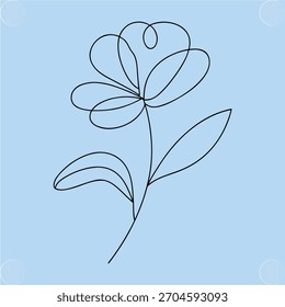 Dibujo de una sola línea de flores estilizadas con pétalos de hojas de contorno azul