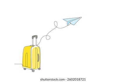 Single line drawing of Suitcase with Paper plane flying up and lettering in line art style. Continuous one line travel drawing of yellow case, luggage bag with wheels Editable stroke vector