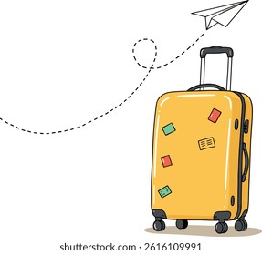 Single line drawing of Suitcase with Paper plane flying up and lettering in line art style. Continuous one line travel drawing of yellow case