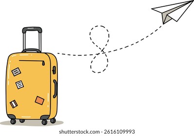 Single line drawing of Suitcase with Paper plane flying up and lettering in line art style. Continuous one line travel drawing of yellow case