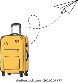 Single line drawing of Suitcase with Paper plane flying up and lettering in line art style. Continuous one line travel drawing of yellow case