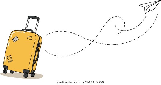 Single line drawing of Suitcase with Paper plane flying up and lettering in line art style. Continuous one line travel drawing of yellow case