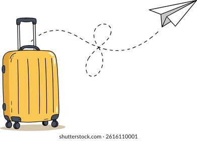 Single line drawing of Suitcase with Paper plane flying up and lettering in line art style. Continuous one line travel drawing of yellow case