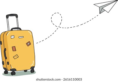 Single line drawing of Suitcase with Paper plane flying up and lettering in line art style. Continuous one line travel drawing of yellow case