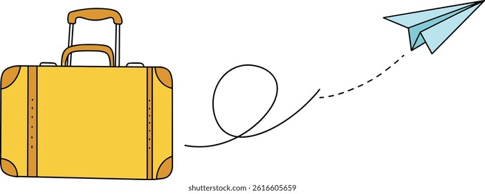 Single line drawing of Suitcase with Paper plane flying up and lettering in line art style