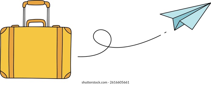 Single line drawing of Suitcase with Paper plane flying up and lettering in line art style