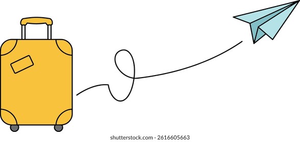 Single line drawing of Suitcase with Paper plane flying up and lettering in line art style